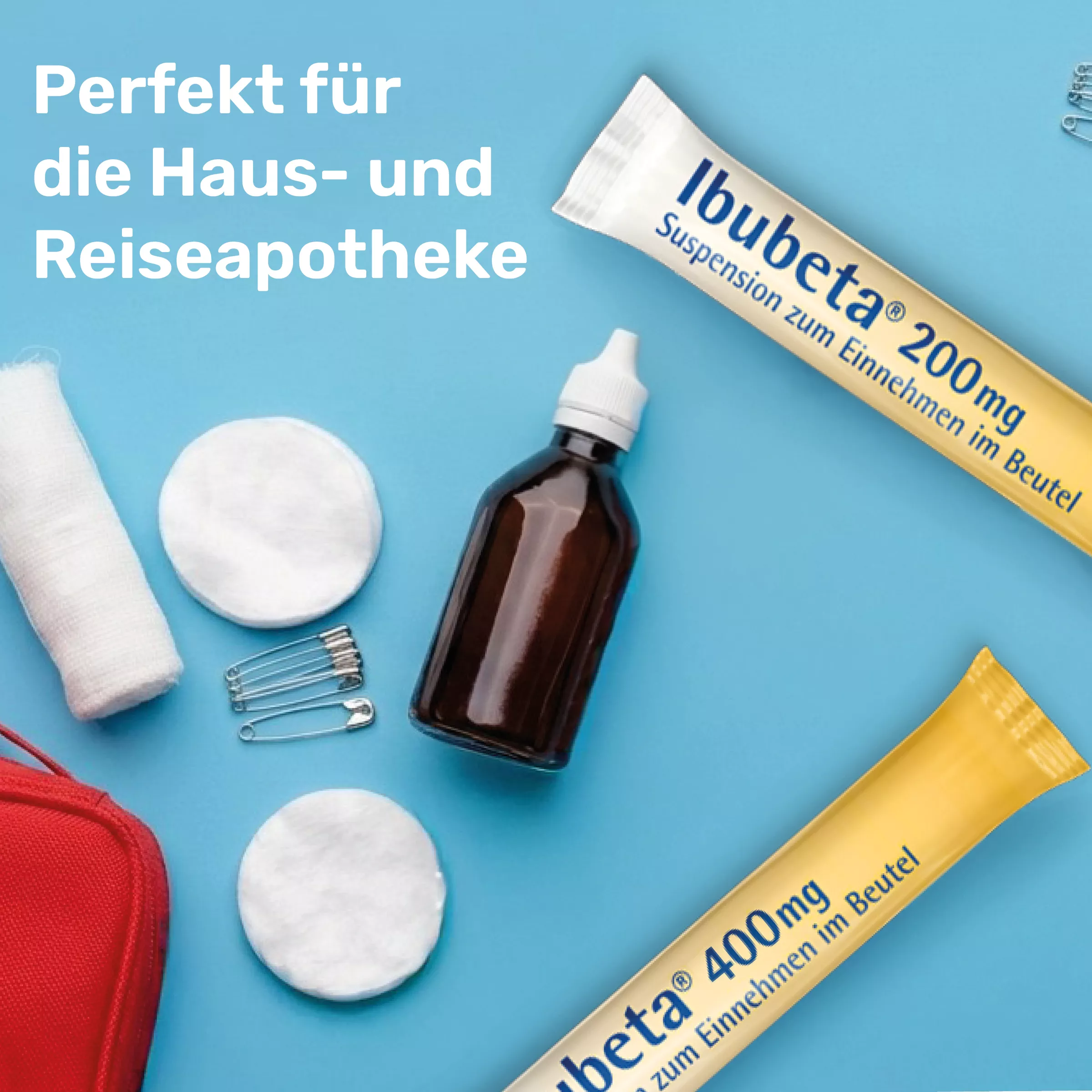 Reisapotheke mit Beuteln von Ibubeta Suspension zum Einnehmen im Beutel